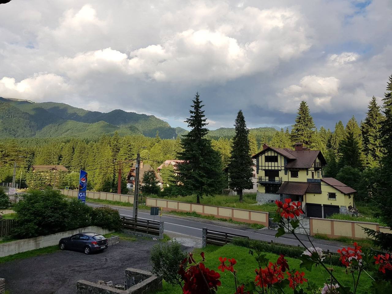 Villa surroundings — mountain view with garden flowers